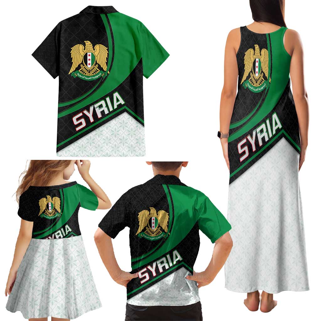 Syria Revolution Emblem Family Matching Tank Maxi Dress and Hawaiian Shirt with Traditional Pattern and Curved Green Black Design