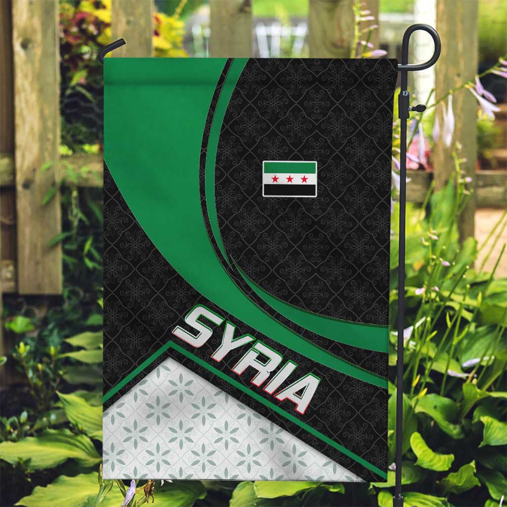 Syria Revolution Emblem Garden Flag with Traditional Pattern and Curved Green Black Design