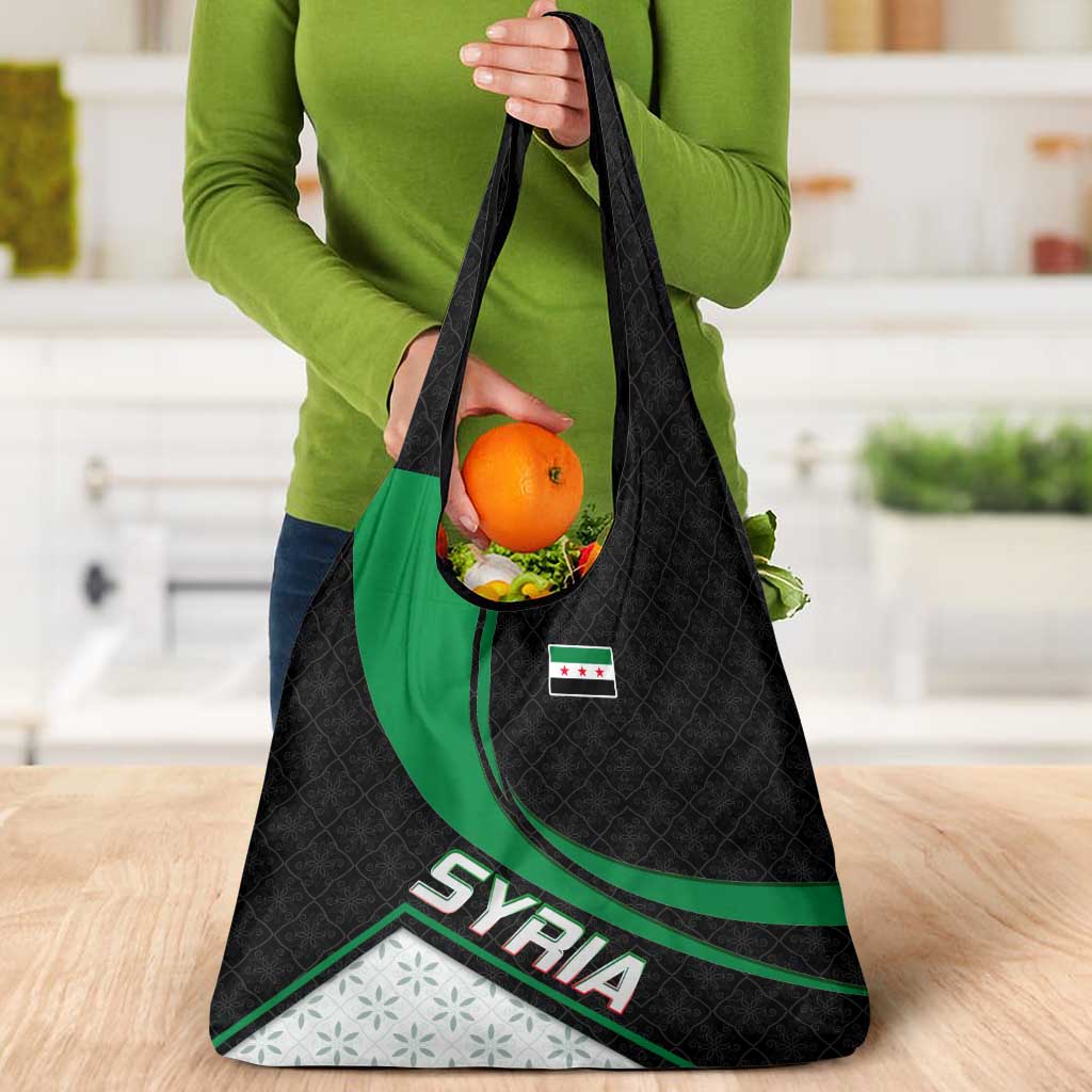 Syria Revolution Emblem Grocery Bag with Traditional Pattern and Curved Green Black Design