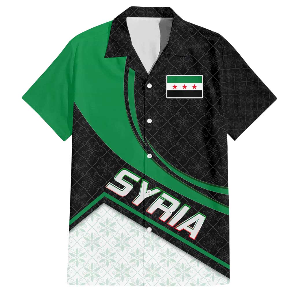 Syria Revolution Emblem Hawaiian Shirt with Traditional Pattern and Curved Green Black Design