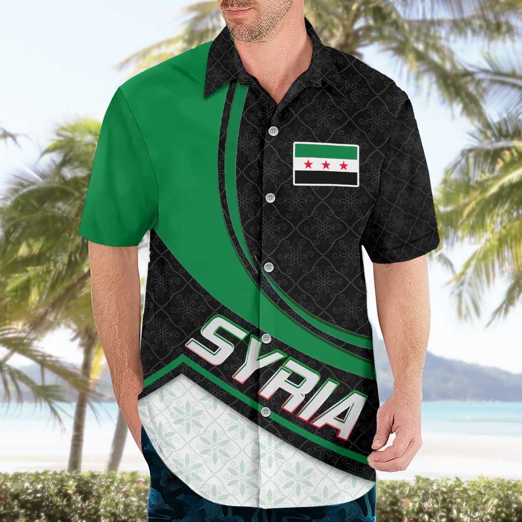 Syria Revolution Emblem Hawaiian Shirt with Traditional Pattern and Curved Green Black Design