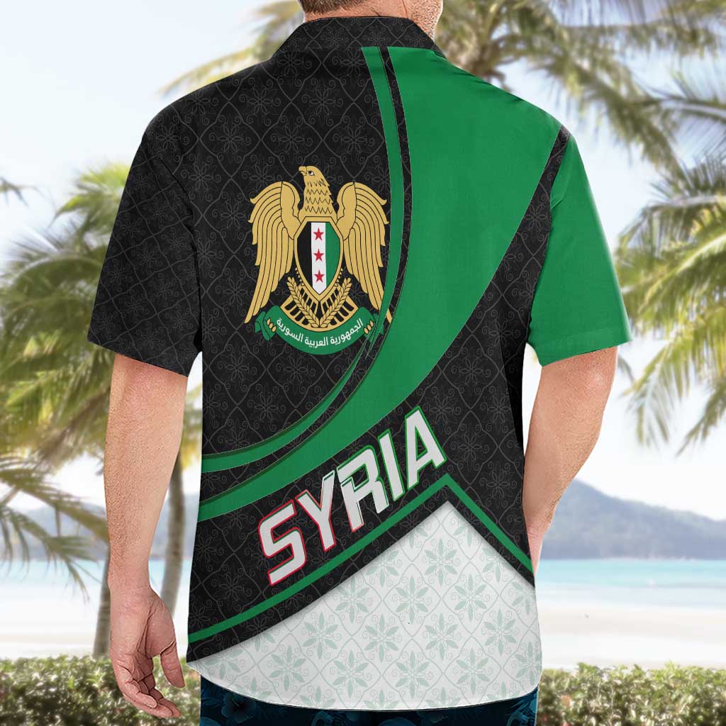 Syria Revolution Emblem Hawaiian Shirt with Traditional Pattern and Curved Green Black Design