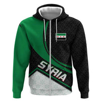Syria Revolution Emblem Hoodie with Traditional Pattern and Curved Green Black Design