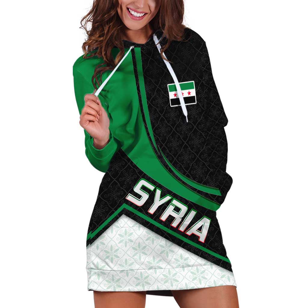 Syria Revolution Emblem Hoodie Dress with Traditional Pattern and Curved Green Black Design
