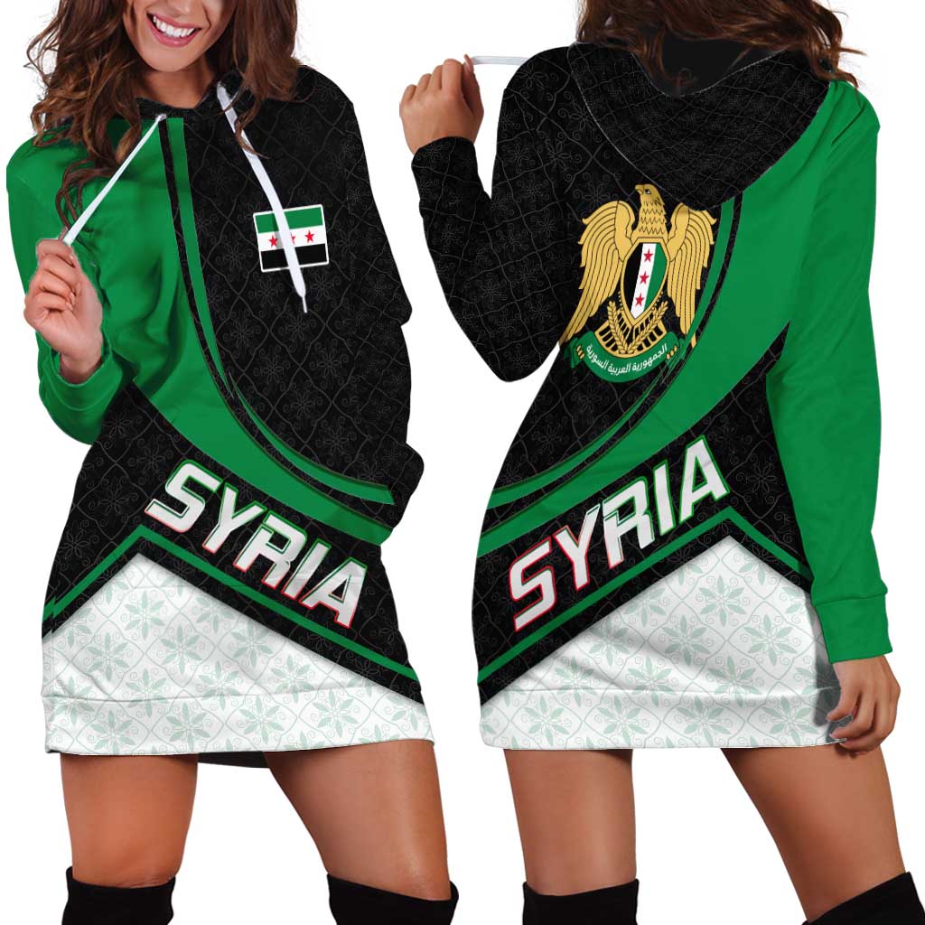 Syria Revolution Emblem Hoodie Dress with Traditional Pattern and Curved Green Black Design
