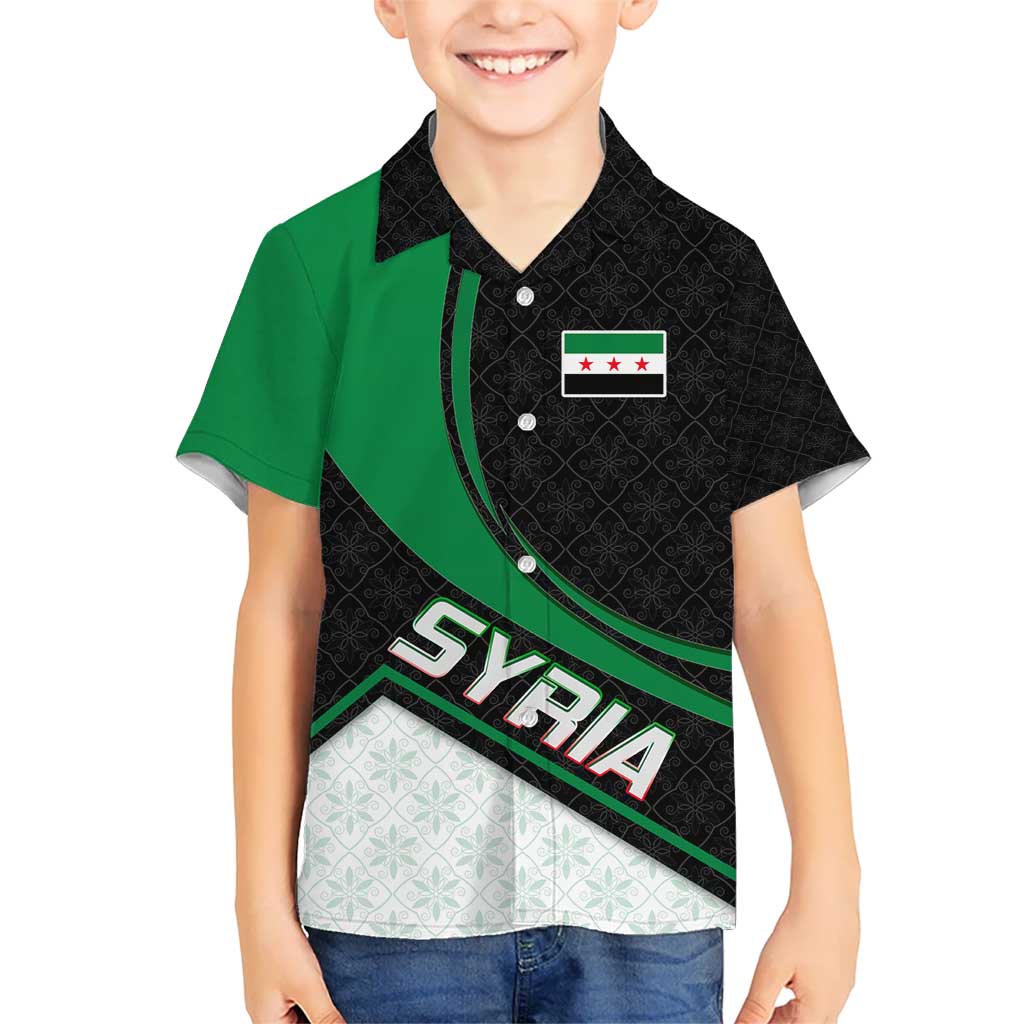 Syria Revolution Emblem Kid Hawaiian Shirt with Traditional Pattern and Curved Green Black Design