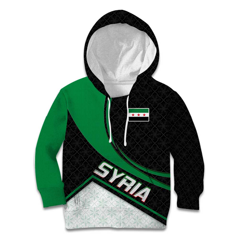 Syria Revolution Emblem Kid Hoodie with Traditional Pattern and Curved Green Black Design