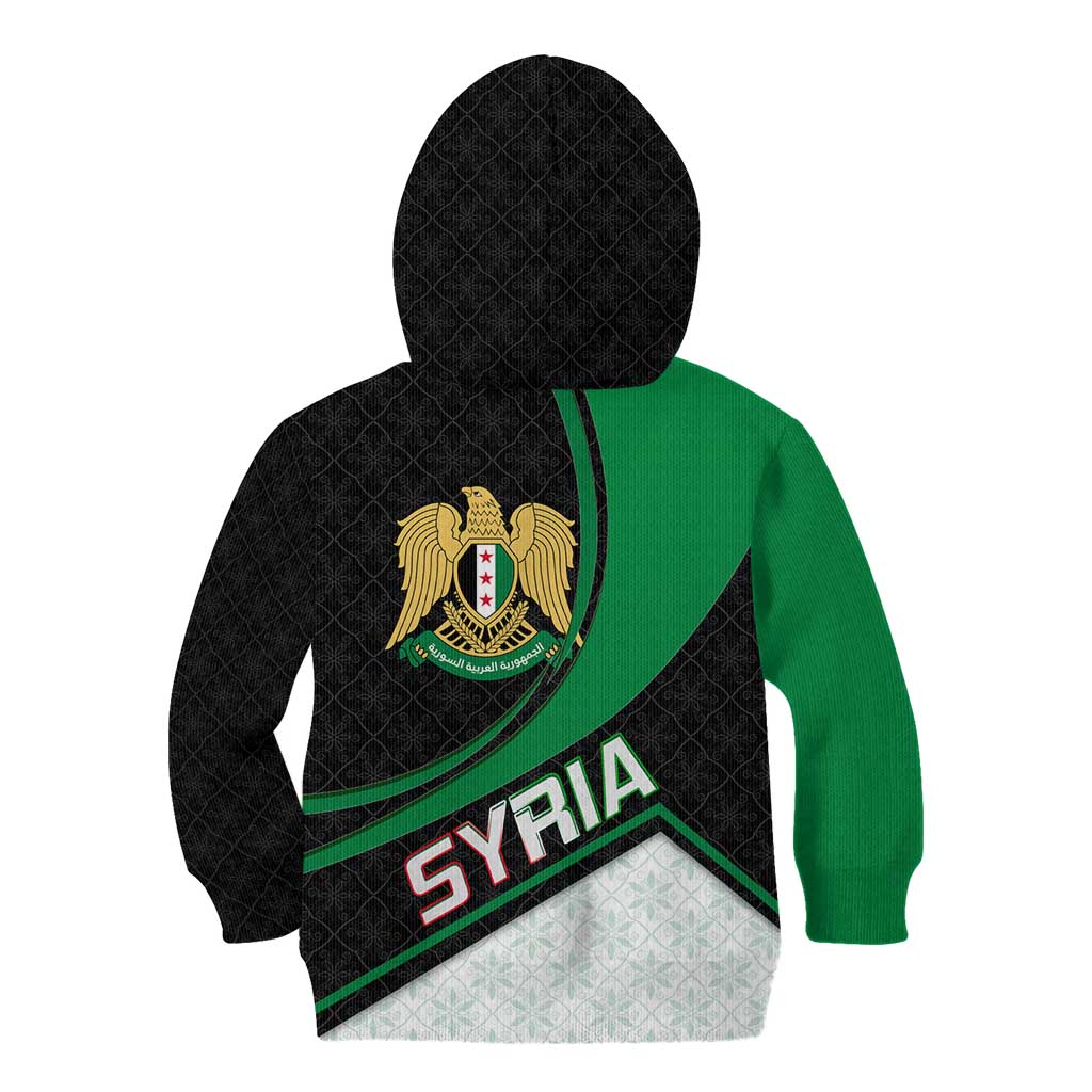 Syria Revolution Emblem Kid Hoodie with Traditional Pattern and Curved Green Black Design