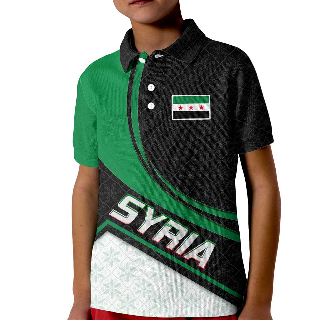 Syria Revolution Emblem Kid Polo Shirt with Traditional Pattern and Curved Green Black Design