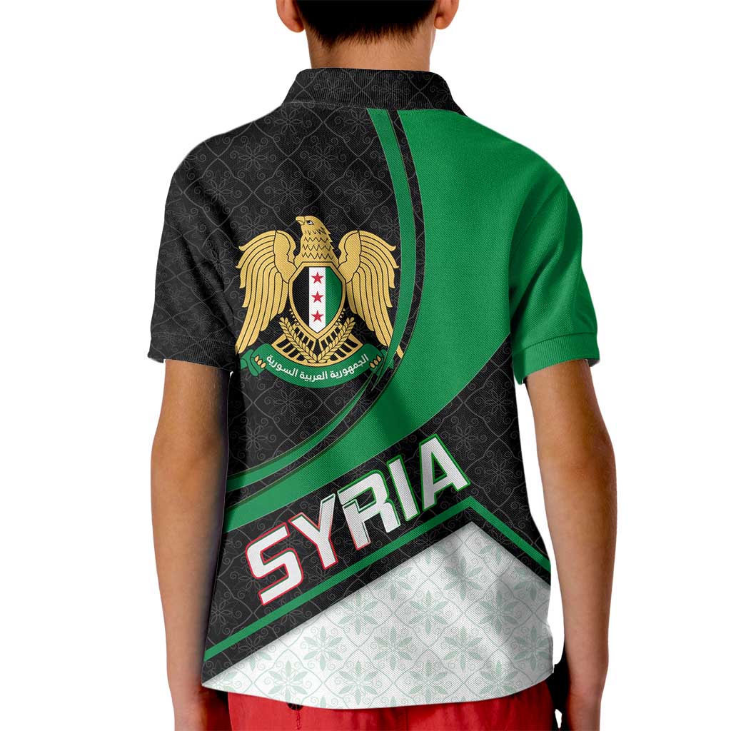 Syria Revolution Emblem Kid Polo Shirt with Traditional Pattern and Curved Green Black Design