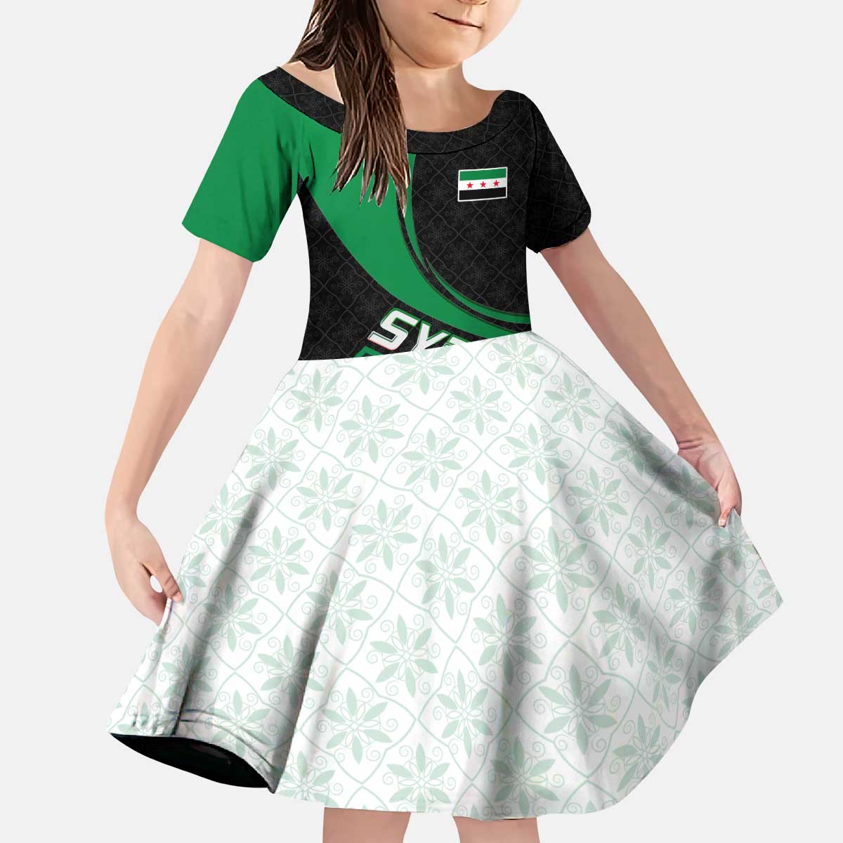 Syria Revolution Emblem Kid Short Sleeve Dress with Traditional Pattern and Curved Green Black Design