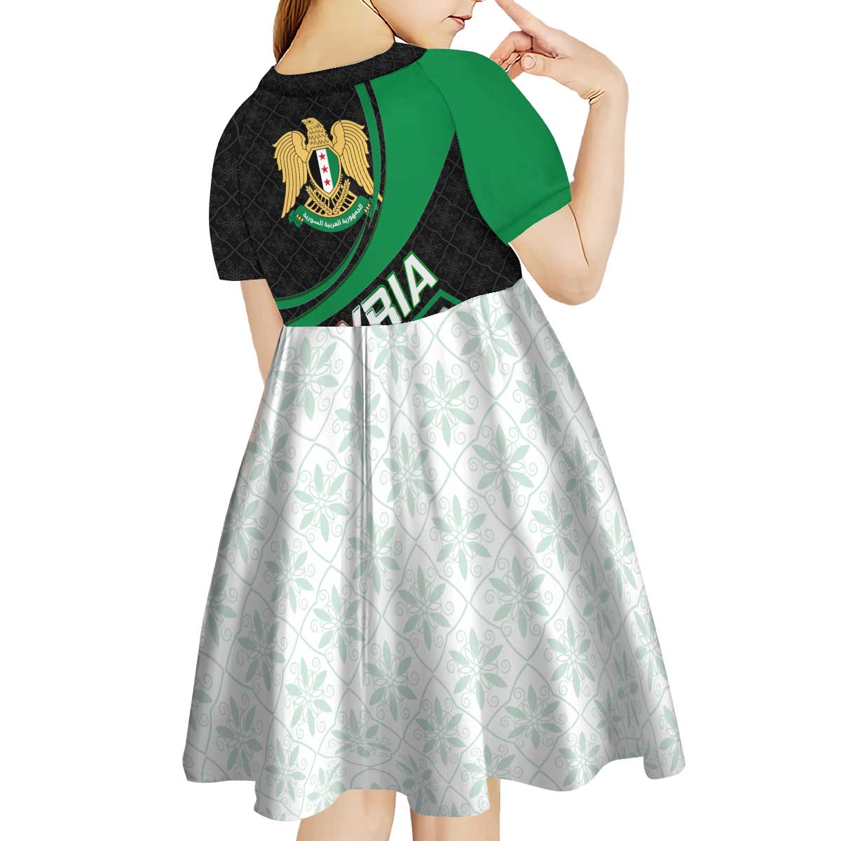 Syria Revolution Emblem Kid Short Sleeve Dress with Traditional Pattern and Curved Green Black Design