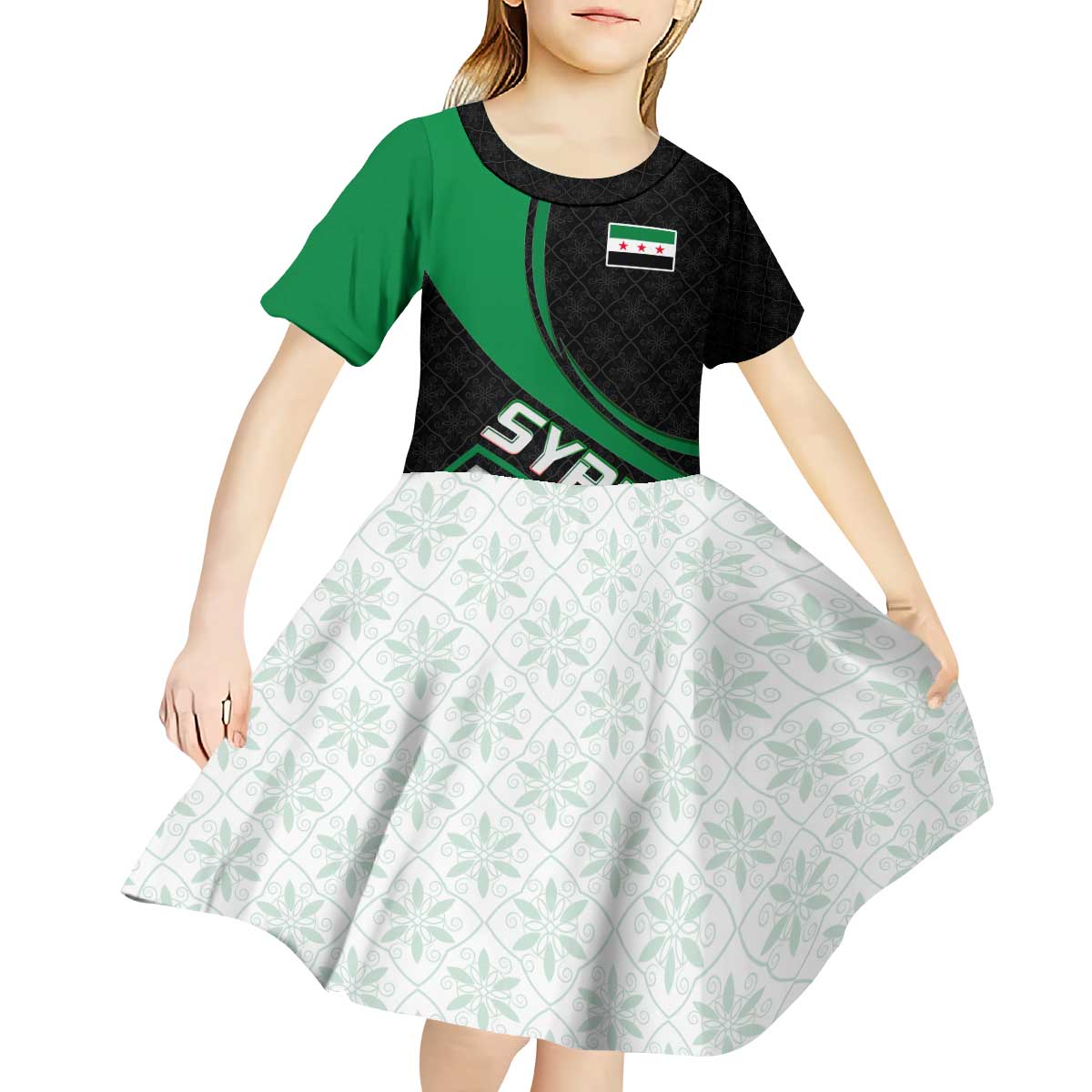 Syria Revolution Emblem Kid Short Sleeve Dress with Traditional Pattern and Curved Green Black Design