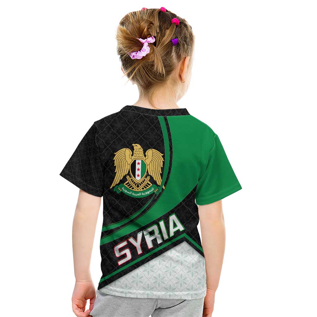 Syria Revolution Emblem Kid T Shirt with Traditional Pattern and Curved Green Black Design