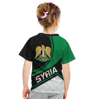 Syria Revolution Emblem Kid T Shirt with Traditional Pattern and Curved Green Black Design