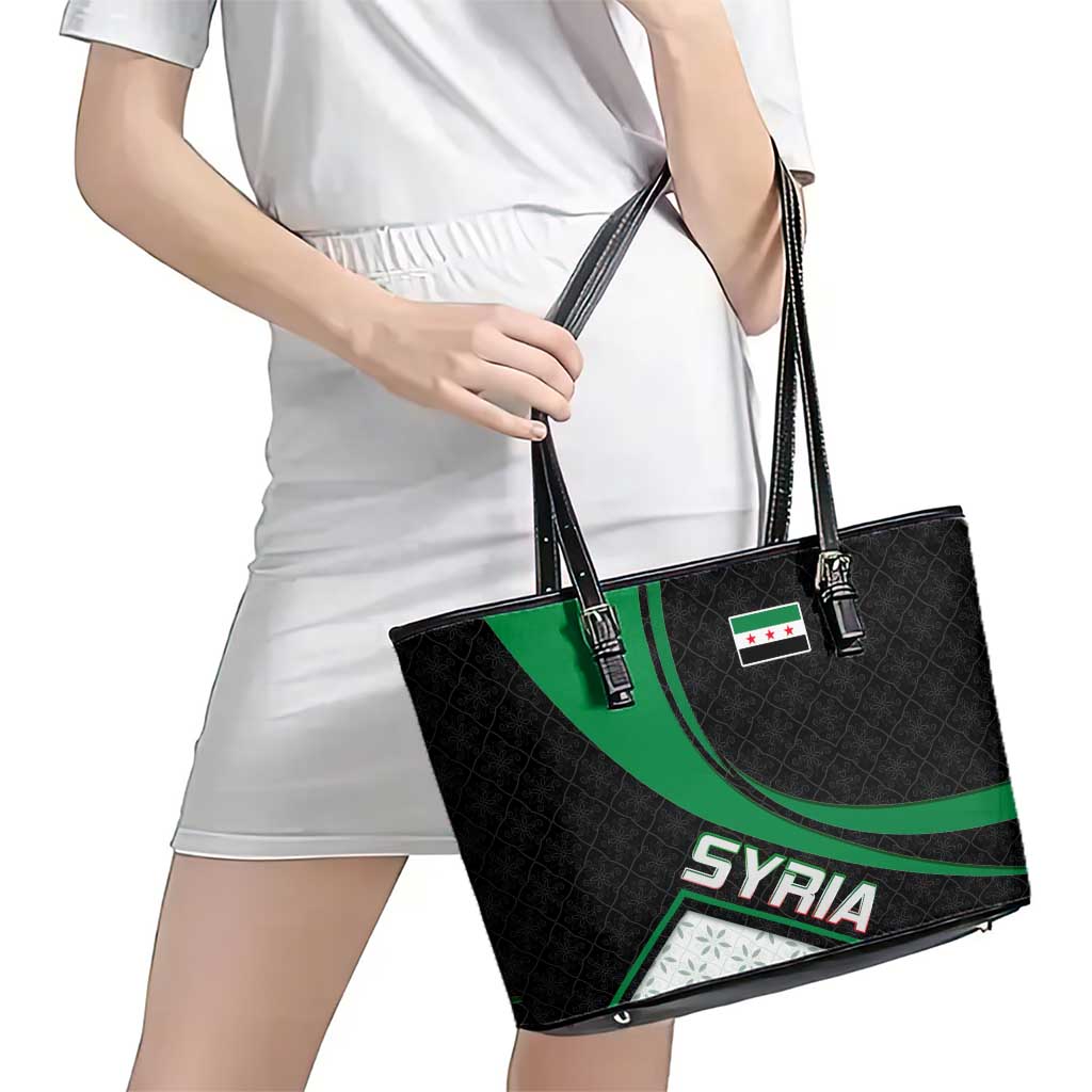 Syria Revolution Emblem Leather Tote Bag with Traditional Pattern and Curved Green Black Design
