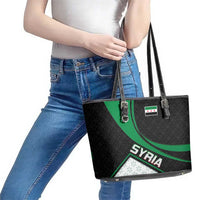Syria Revolution Emblem Leather Tote Bag with Traditional Pattern and Curved Green Black Design
