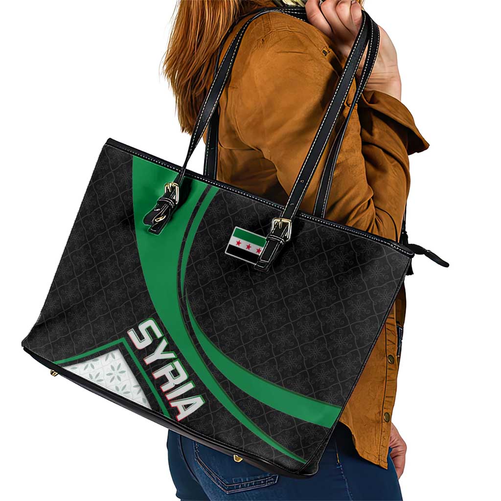 Syria Revolution Emblem Leather Tote Bag with Traditional Pattern and Curved Green Black Design