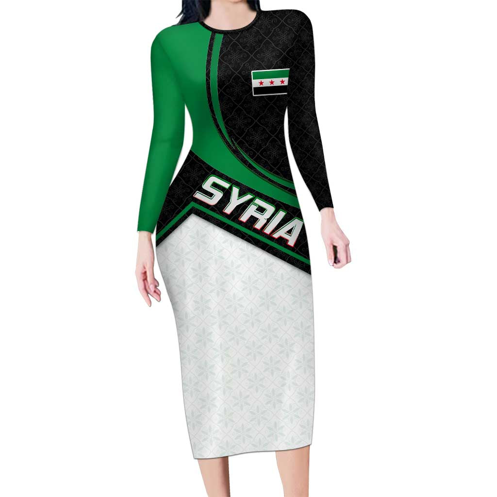 Syria Revolution Emblem Long Sleeve Bodycon Dress with Traditional Pattern and Curved Green Black Design