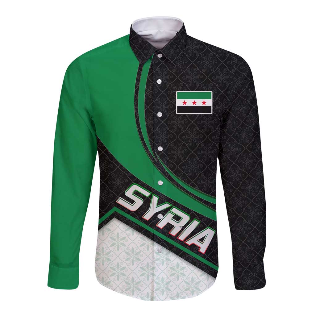 Syria Revolution Emblem Long Sleeve Button Shirt with Traditional Pattern and Curved Green Black Design