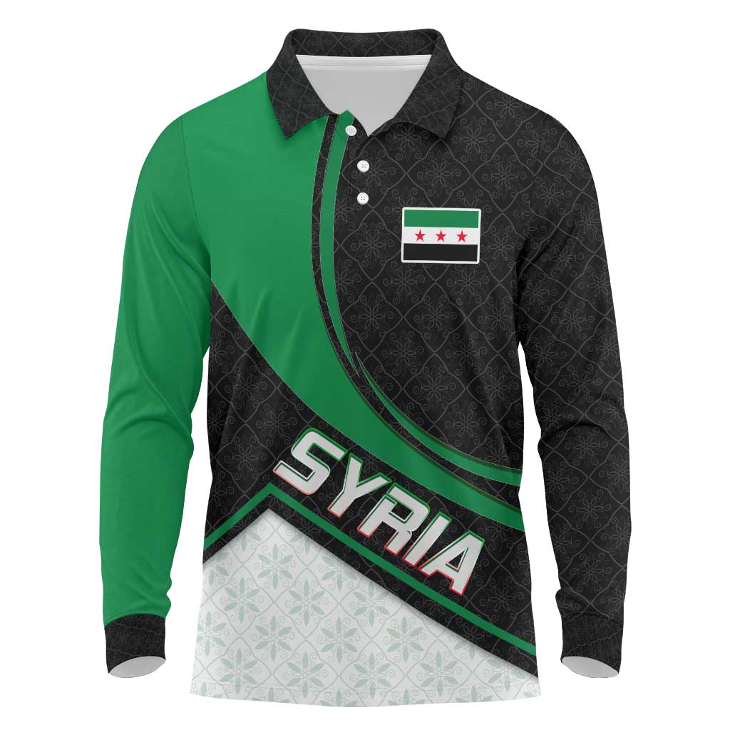 Syria Revolution Emblem Long Sleeve Polo Shirt with Traditional Pattern and Curved Green Black Design