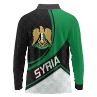 Syria Revolution Emblem Long Sleeve Polo Shirt with Traditional Pattern and Curved Green Black Design