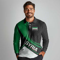 Syria Revolution Emblem Long Sleeve Polo Shirt with Traditional Pattern and Curved Green Black Design