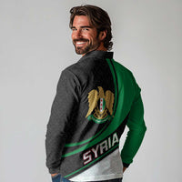 Syria Revolution Emblem Long Sleeve Polo Shirt with Traditional Pattern and Curved Green Black Design