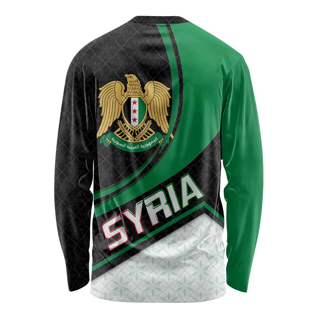Syria Revolution Emblem Long Sleeve Shirt with Traditional Pattern and Curved Green Black Design