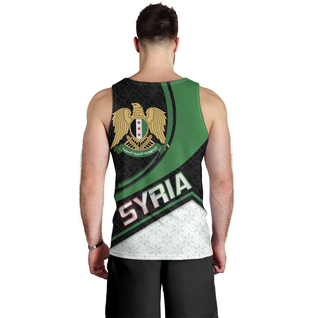 Syria Revolution Emblem Men Tank Top with Traditional Pattern and Curved Green Black Design