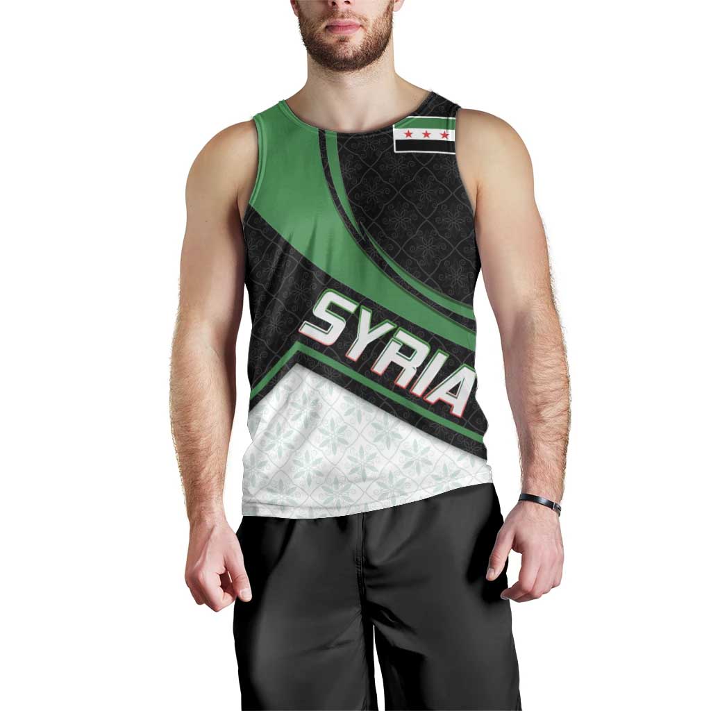Syria Revolution Emblem Men Tank Top with Traditional Pattern and Curved Green Black Design