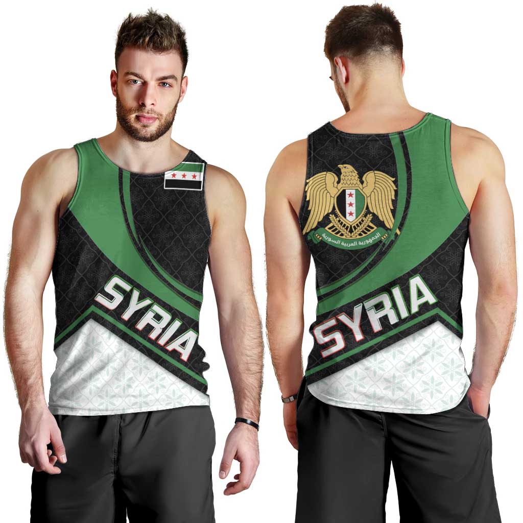 Syria Revolution Emblem Men Tank Top with Traditional Pattern and Curved Green Black Design