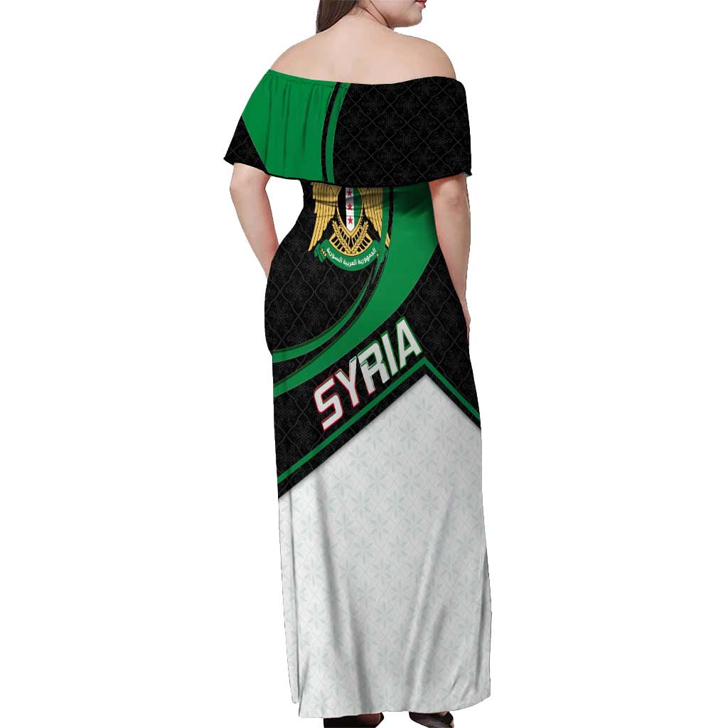 Syria Revolution Emblem Off Shoulder Maxi Dress with Traditional Pattern and Curved Green Black Design