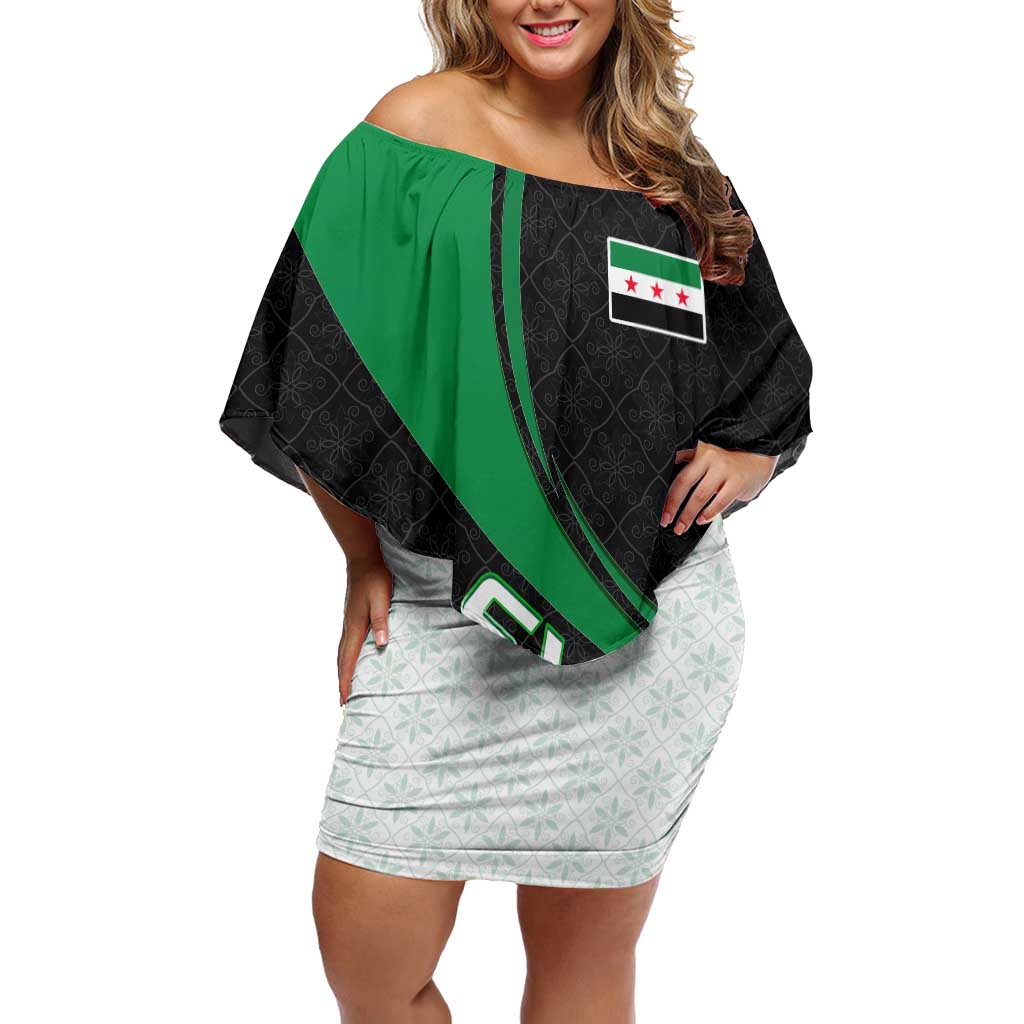 Syria Revolution Emblem Off Shoulder Short Dress with Traditional Pattern and Curved Green Black Design