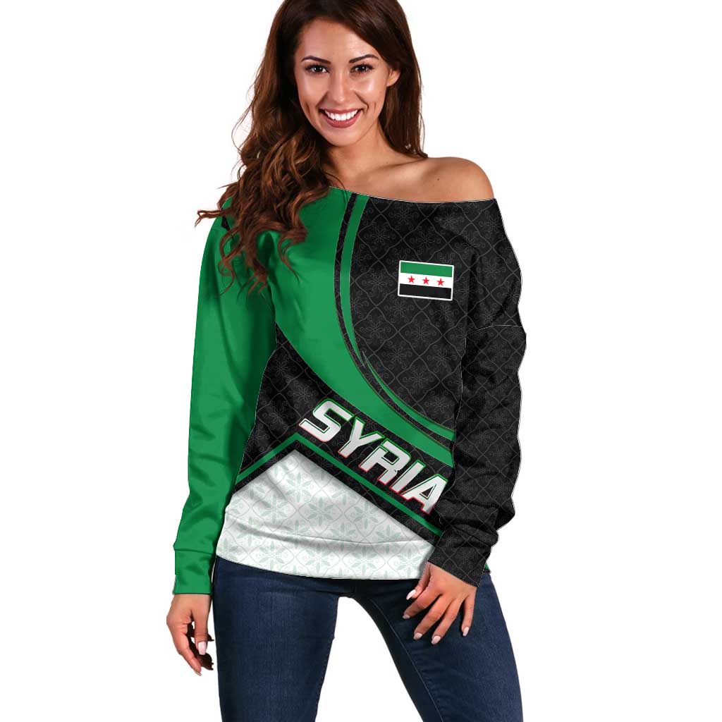 Syria Revolution Emblem Off Shoulder Sweater with Traditional Pattern and Curved Green Black Design
