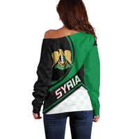 Syria Revolution Emblem Off Shoulder Sweater with Traditional Pattern and Curved Green Black Design