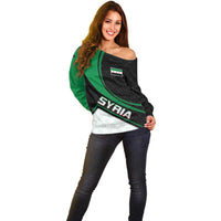 Syria Revolution Emblem Off Shoulder Sweater with Traditional Pattern and Curved Green Black Design