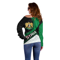 Syria Revolution Emblem Off Shoulder Sweater with Traditional Pattern and Curved Green Black Design