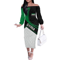 Syria Revolution Emblem Off The Shoulder Long Sleeve Dress with Traditional Pattern and Curved Green Black Design