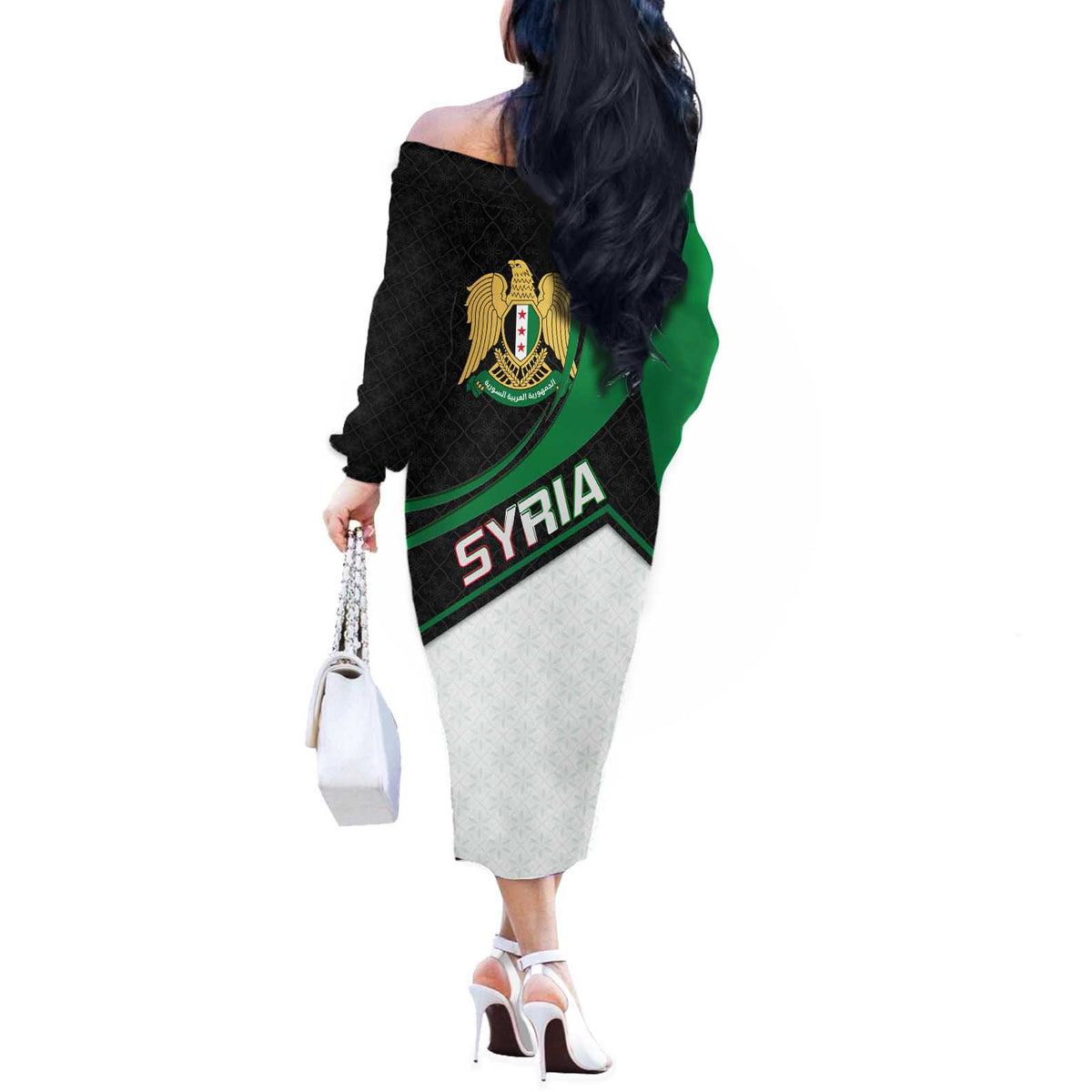 Syria Revolution Emblem Off The Shoulder Long Sleeve Dress with Traditional Pattern and Curved Green Black Design
