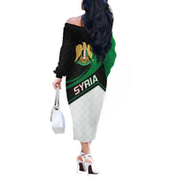 Syria Revolution Emblem Off The Shoulder Long Sleeve Dress with Traditional Pattern and Curved Green Black Design