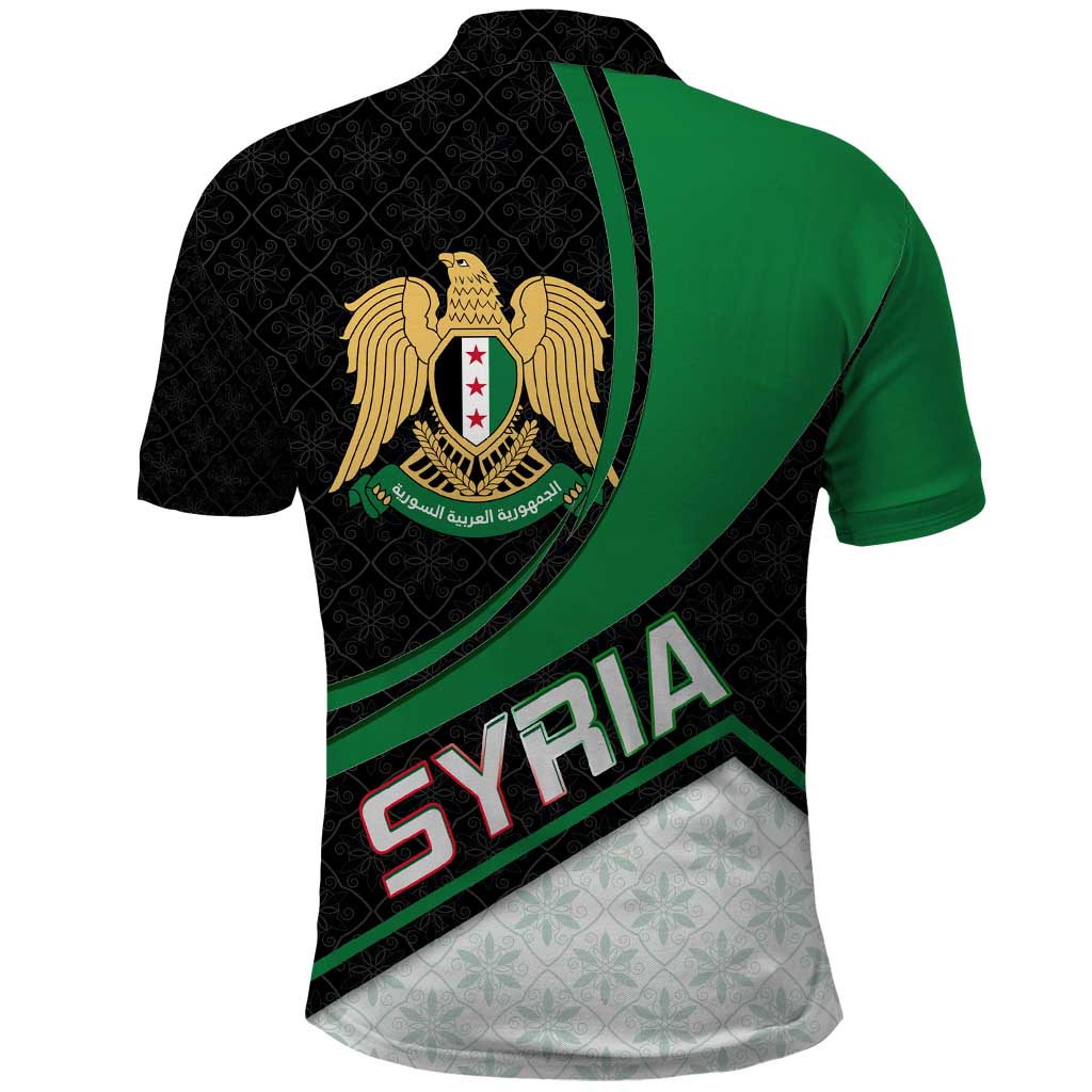 Syria Revolution Emblem Polo Shirt with Traditional Pattern and Curved Green Black Design