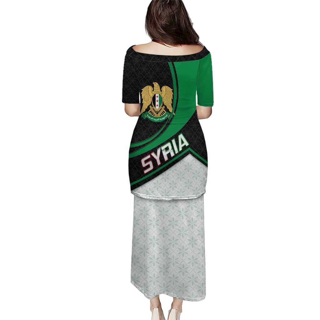 Syria Revolution Emblem Puletasi with Traditional Pattern and Curved Green Black Design