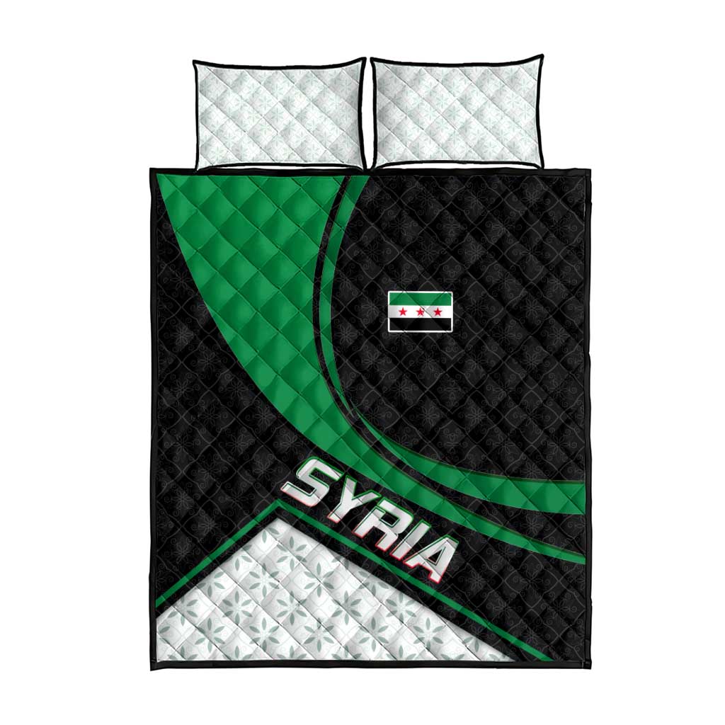 Syria Revolution Emblem Quilt Bed Set with Traditional Pattern and Curved Green Black Design