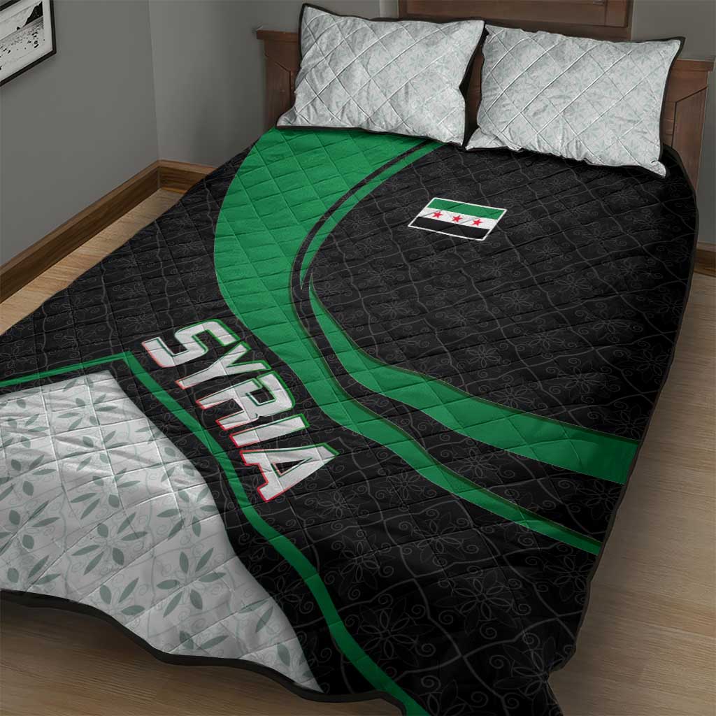 Syria Revolution Emblem Quilt Bed Set with Traditional Pattern and Curved Green Black Design