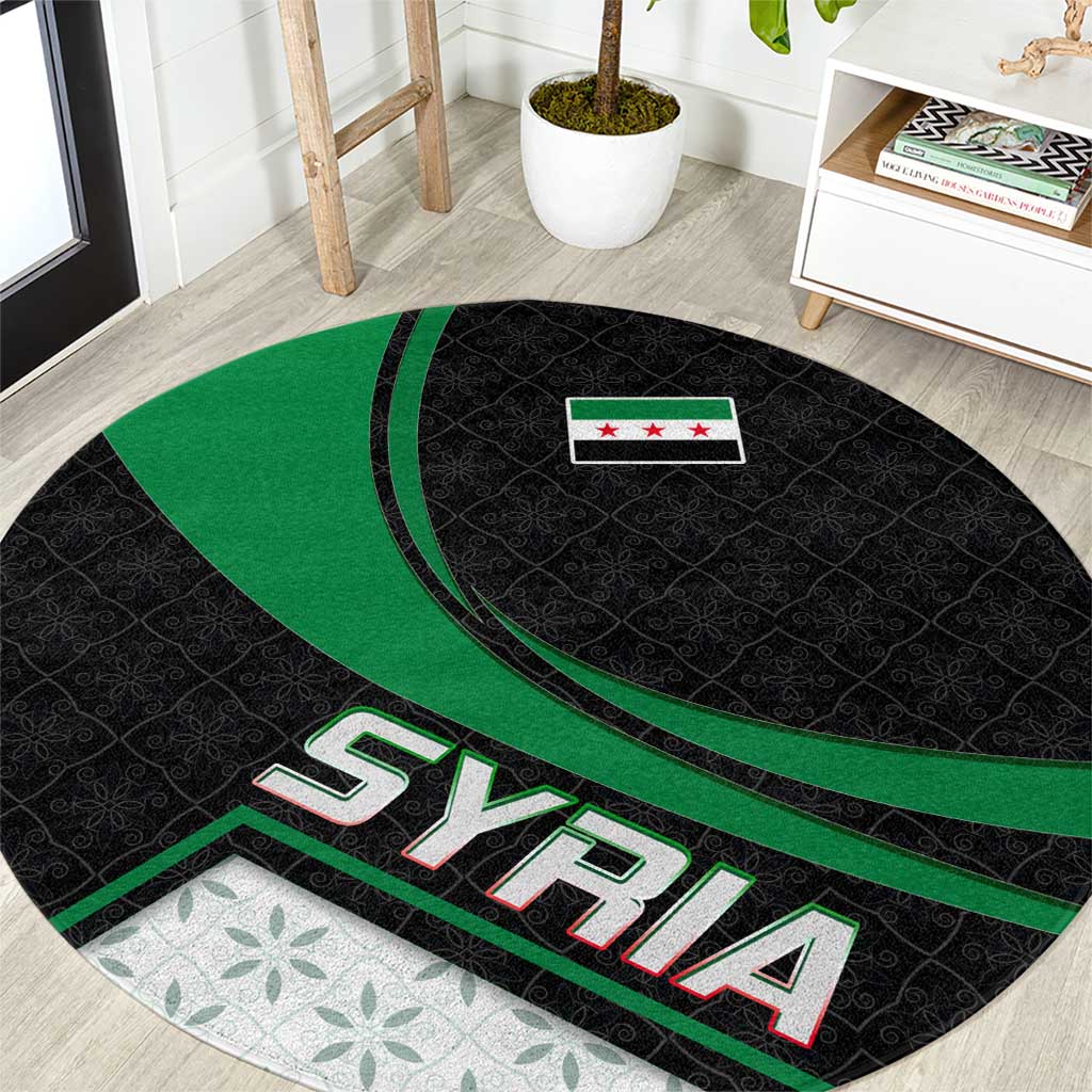 Syria Revolution Emblem Round Carpet with Traditional Pattern and Curved Green Black Design