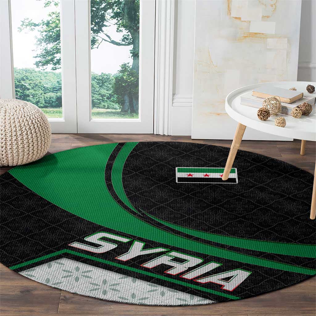 Syria Revolution Emblem Round Carpet with Traditional Pattern and Curved Green Black Design