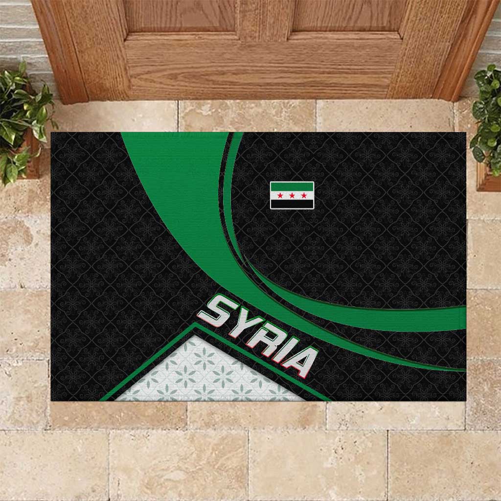 Syria Revolution Emblem Rubber Doormat with Traditional Pattern and Curved Green Black Design