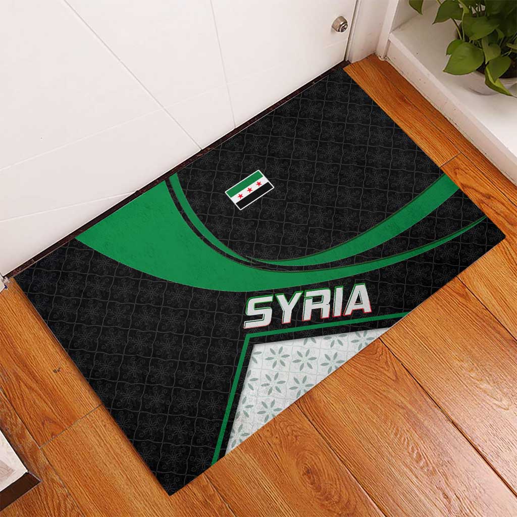 Syria Revolution Emblem Rubber Doormat with Traditional Pattern and Curved Green Black Design