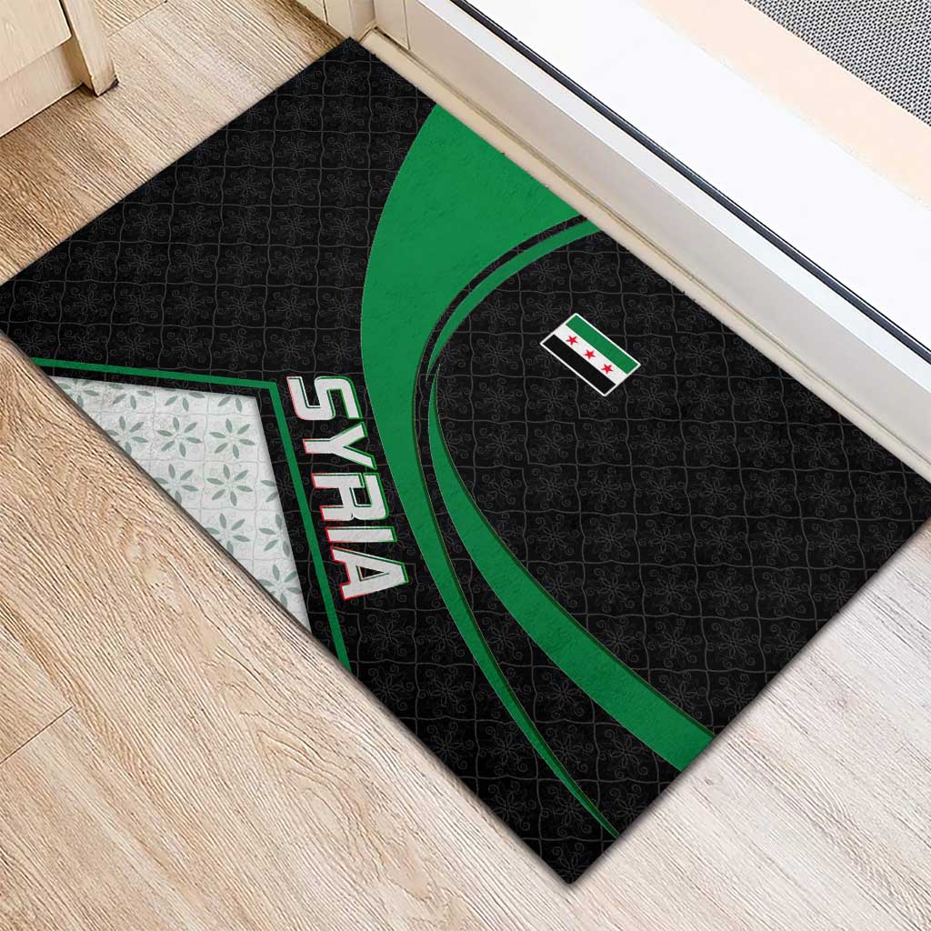 Syria Revolution Emblem Rubber Doormat with Traditional Pattern and Curved Green Black Design